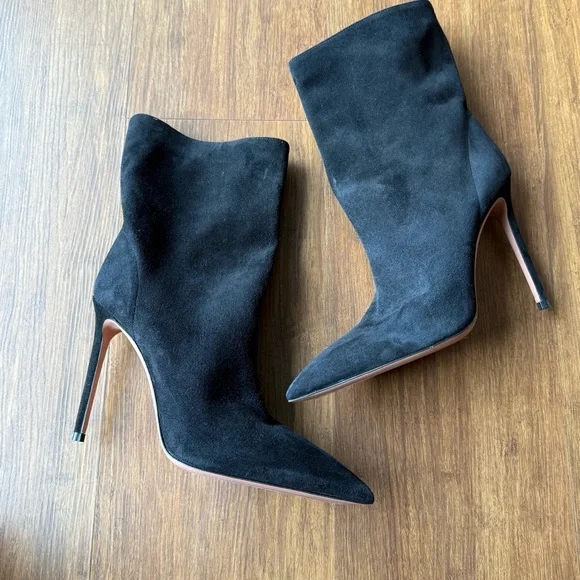 Aquazzura Boots Women 38.5 US 8 Matignon Black Suede Leather Stiletto Heel Booti
